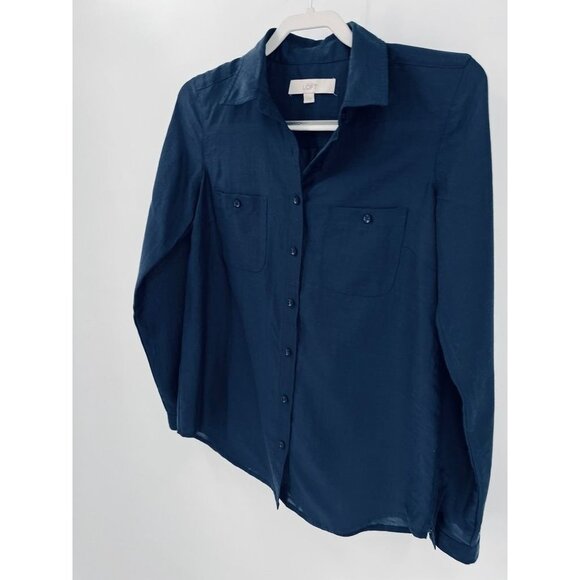 Loft Ladies Button Down Shirt XS Navy Long Sleeve Lightweight  Capsule Wardrobe - Picture 3 of 7
